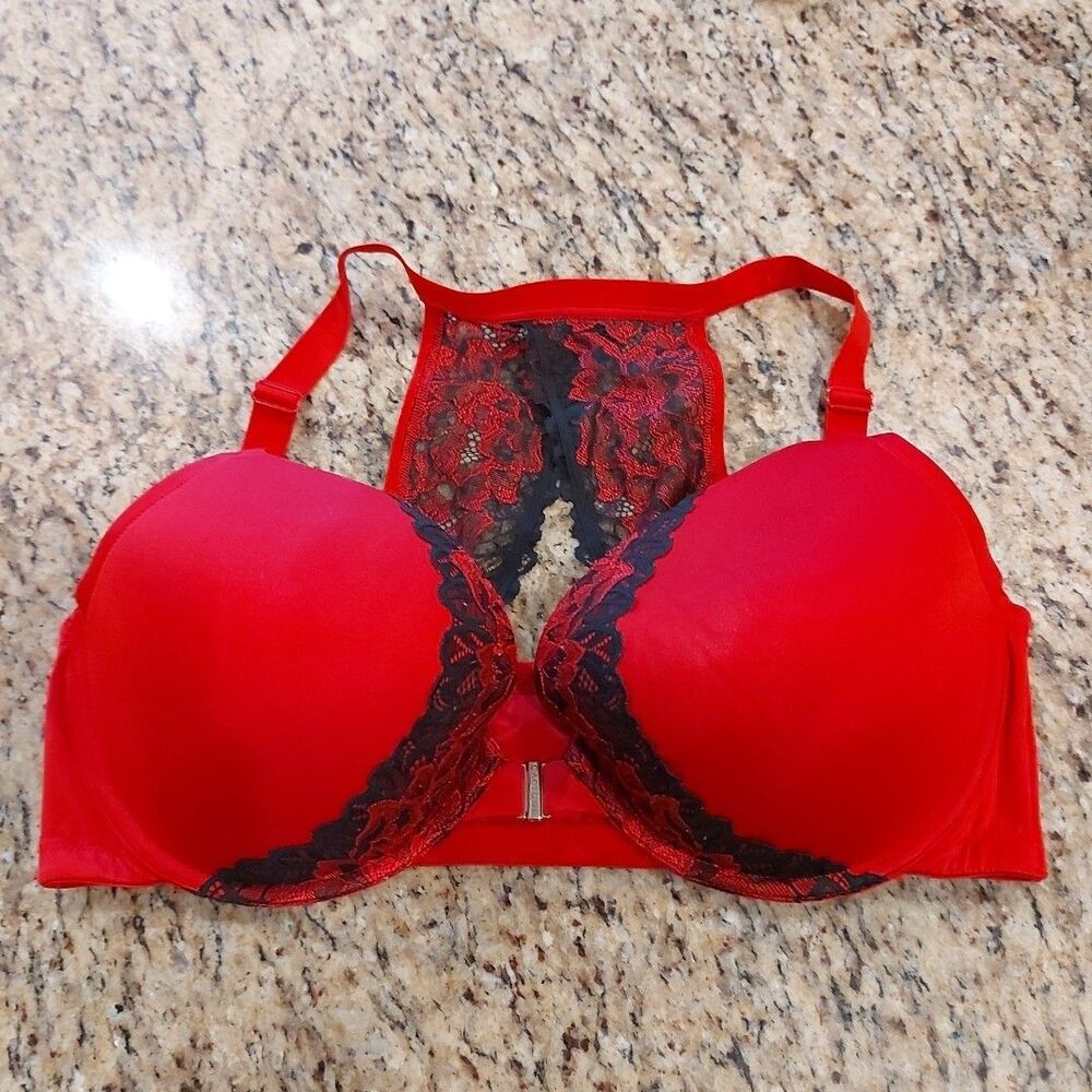 CACIQUE Bra 42DD Boost Plunge Racerback Lane Bryant Red UW Front Close Lace
